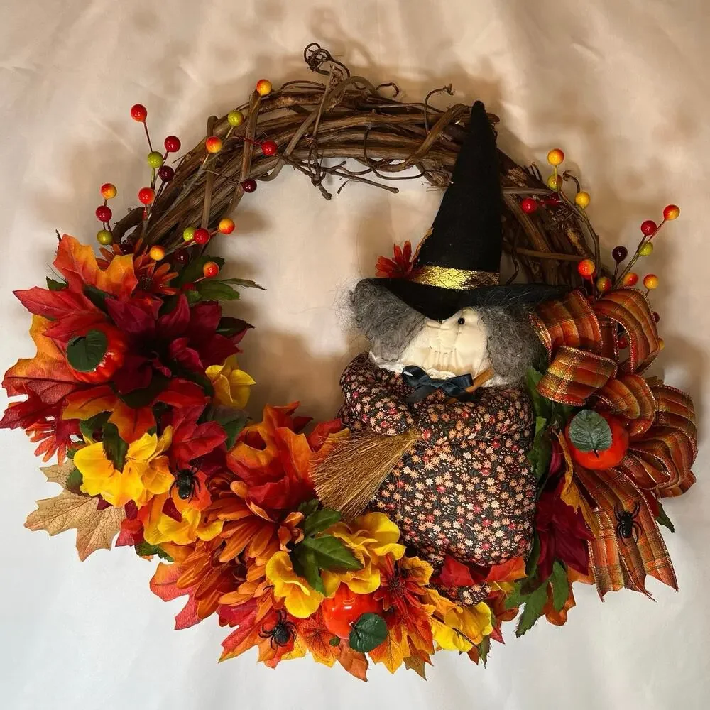 Vintage Halloween 17” Grapevine Wreath Witch Fall Leaves & Flowers Multicolor